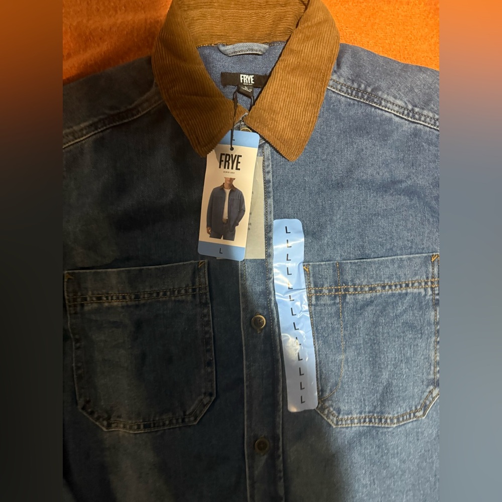 Frye Blue Denim Jacket with Brown Collar - Picture 2 of 3